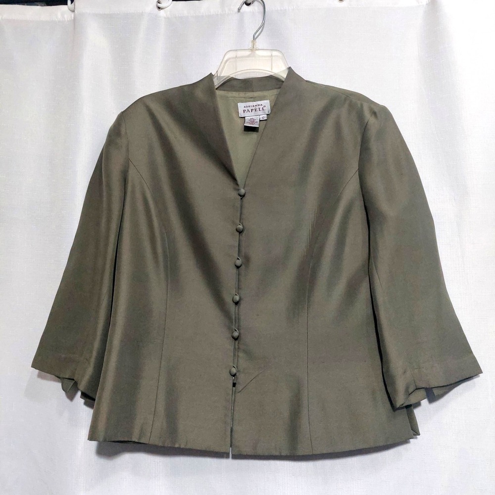 Adrianna Papell Womens 12 Structured Olive Green Jacket Silk Button Front Flaw